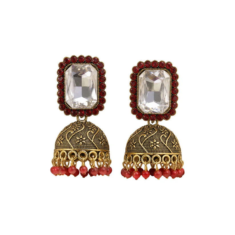 Red stone antique gold jhumka earrings with clear center stud design